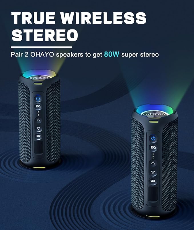 Ortizan Portable Bluetooth Speaker (2nd Gen), 40W powerful sound and deep bass, IPX7 waterproof, 30 hours of playtime, TWS for 2 speakers pairing for home, outdoor and travel - Electronics gift, Black