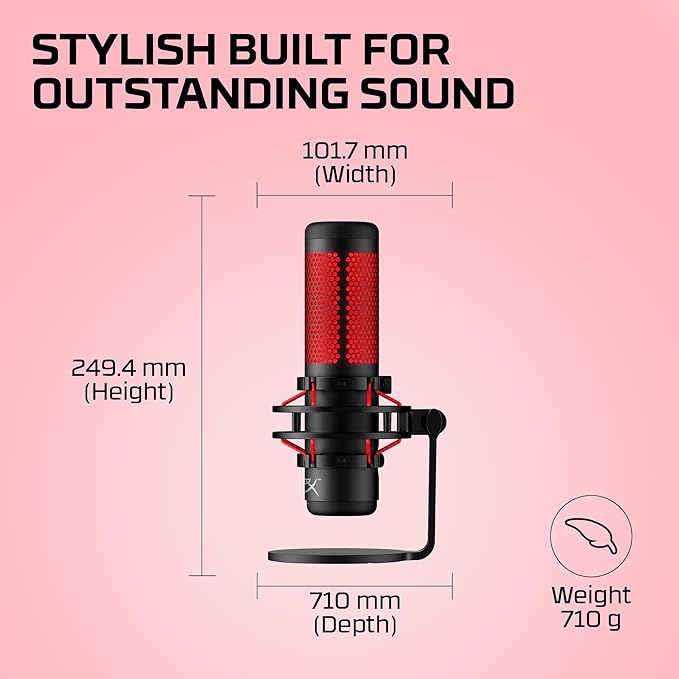 HyperX QuadCast - USB Condenser Gaming Microphone, for PC, PS4, PS5 and Mac, Anti-Vibration Shock Mount, Four Polar Patterns, Pop Filter, Gain Control, Podcasts, Twitch, YouTube, Discord, Red LED