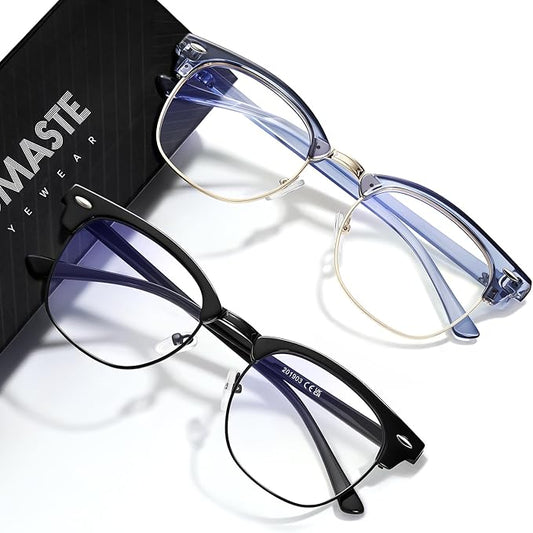 Blue Light Blocking Glasses Vintage Half Frame UV Clear Lens Anti Eyestrain Computer Gaming Glasses for Women Men (G06-crystal Blue+Bright Black)