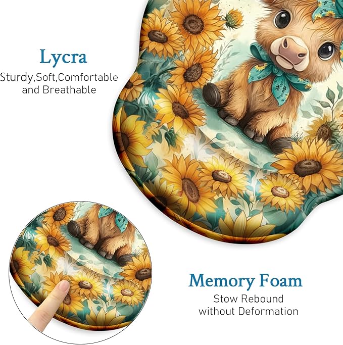 Mouse Pad with Wrist Rest, Highland Cow Sunflower Ergonomic Mousepad Wrist Support for Desk, Cute Bow Animial Gaming Mouse Pads for Wireless Mouse Computer Work Home Desk Accessories Office Supplies