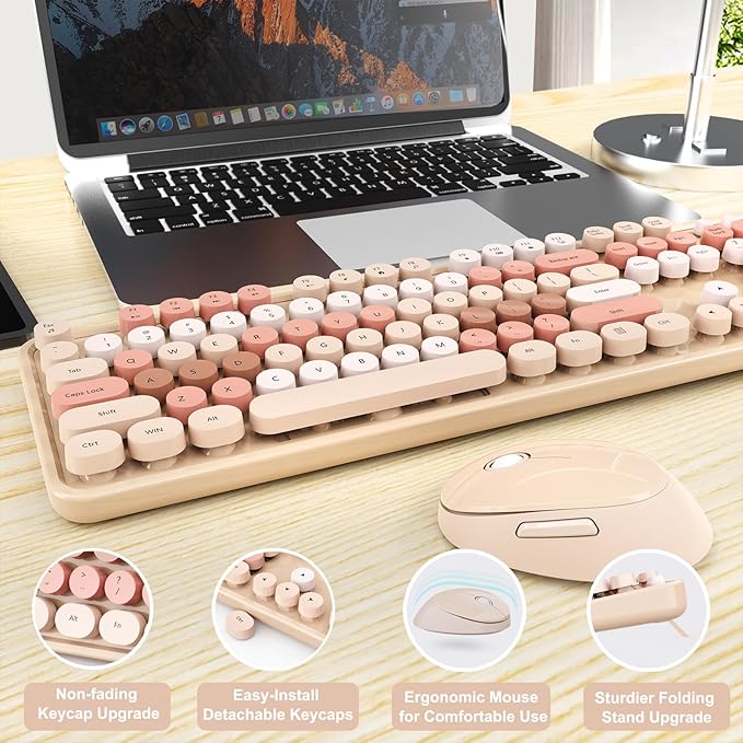 Wireless Keyboard and Mouse Combo, Ergonomic Full Size Typewriter Retro Round Keycaps Keyboard, Compatible with Windows, PC, Perfer for Home and Office Keyboards (Chocolate Color)