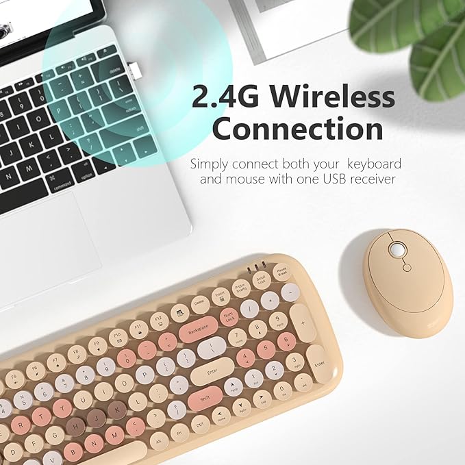 MOFII Wireless Keyboard and Mouse Combo, Retro Typewriter Keyboard with Multi-Media Function Keys and Number Pad Compared for PC Computer Windows 7 8 10 (Milk-Tea Colorful)