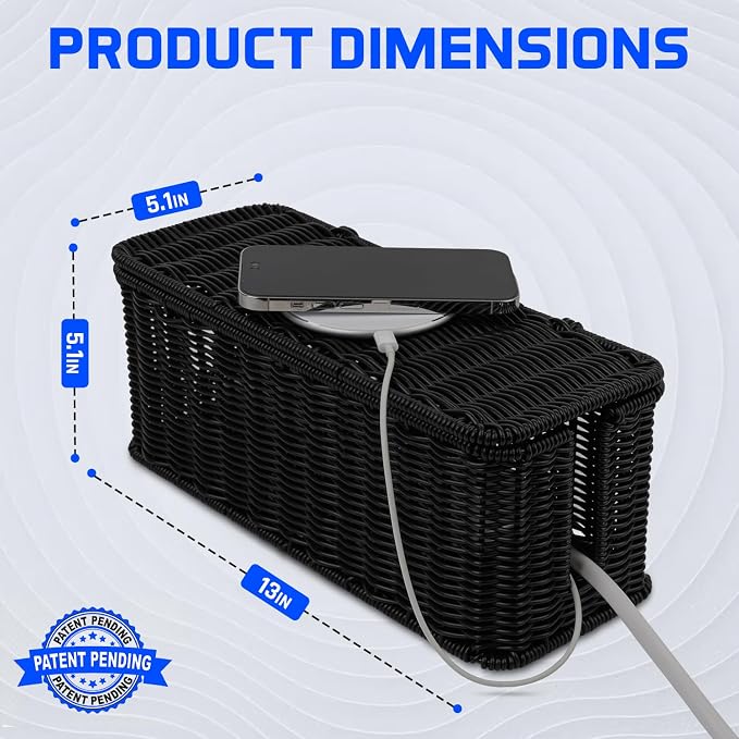 Cable Management Box, Handmade Rattan Cable Organizer with 2 Open Slots, Cord Hider for Power Strip, Router & USB Hub, Registered U.S. Design Patent (D1,112,102), 13" x 5.1" x 5.1", Black - Image 2