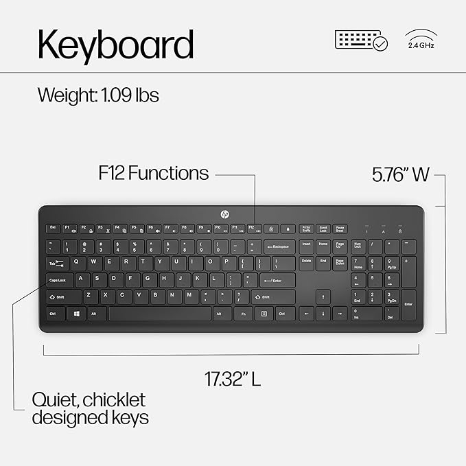 HP 230 Wireless Mouse and Keyboard Combo - 2.4GHz Wireless Connection - Long Battery Life - Durable & Low-Noise Design - Windows & Mac OS - Adjustable 1600 DPI - Numeric Keypad (18H24AA#ABA)