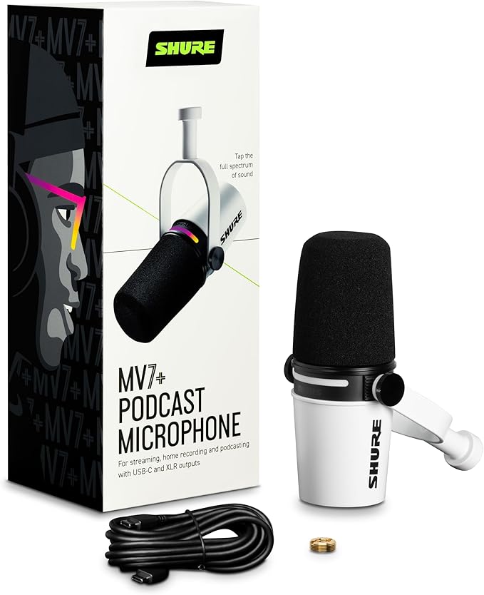 Shure MV7+ Podcast Dynamic Microphone – OBS Certified, Enhanced Audio, LED Panel, USB-C & XLR Outputs, Auto Level Mode, Digital Pop Filter, Reverb Effects – For Podcasting, Streaming, Recording, White