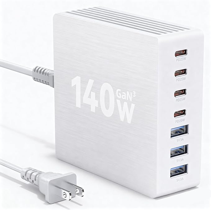USB C Charger Block, 140W GaN III 7-Port Fast Charging Station for Multiple Devices, PD 3.0 USB Wall Power Strip Charging Hub Travel Adapter Plug for iPad iPhone Samsung Android, White