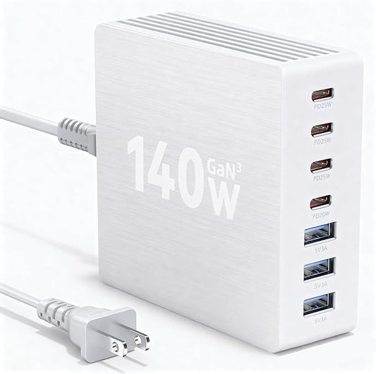 USB C Charger Block, 140W GaN III 7-Port Fast Charging Station for Multiple Devices, PD 3.0 USB Wall Power Strip Charging Hub Travel Adapter Plug for iPad iPhone Samsung Android, White