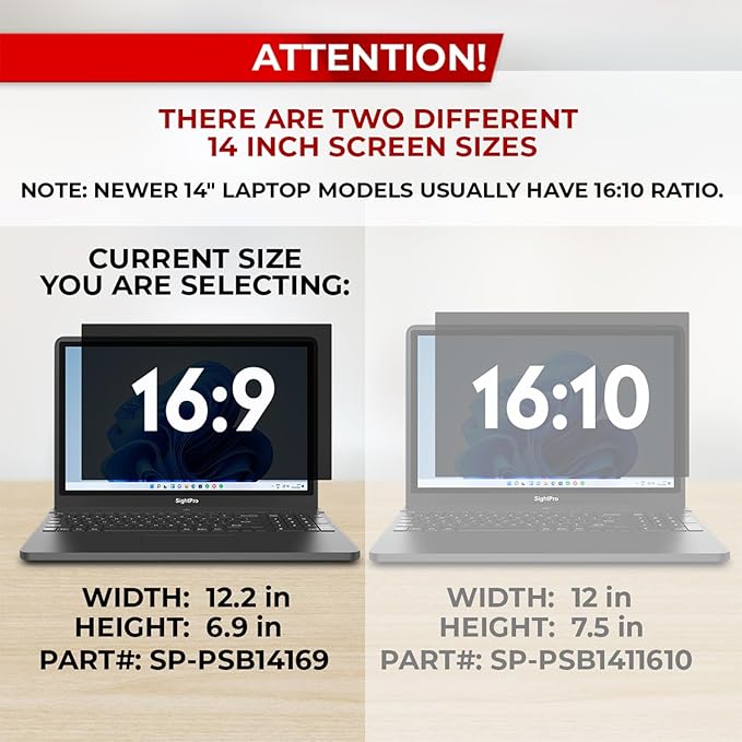 SightPro 14 Inch 16:9 Laptop Privacy Screen Filter - Privacy Shield and Anti-Glare Protector (Not Magnetic)