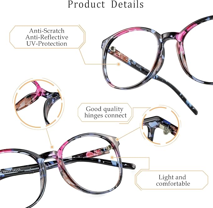 LifeArt Round Blue Light Blocking Glasses, Computer Glasses, Gaming Glasses, TV Glasses for Women Men (Floral, 6.00 Magnification)