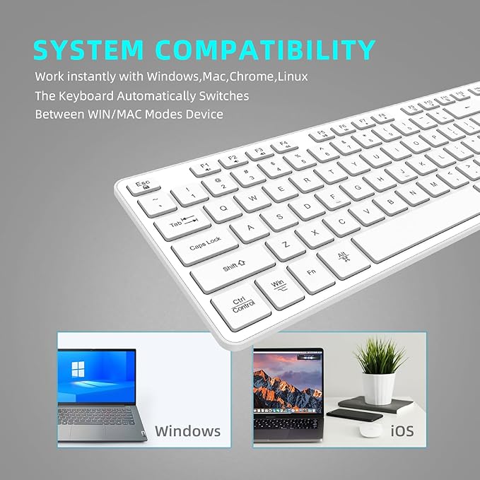 Slim Wireless Keyboard for Mac and Windows, Ultra Quiet Low-Profile Flat Key Board with Full-Size Keys, 2.4GHz Wire Less for PC, Mac, Windows 11/10/8/7 (Wireless Keyboard White-1)