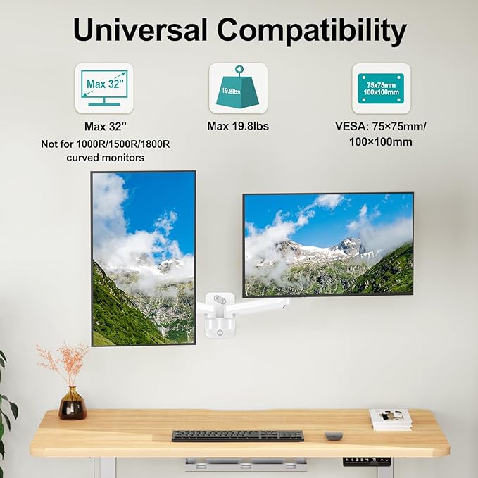 MOUNT PRO Dual Monitor Wall Mount for 13 to 32 Inch Computer Screens, Gas Spring Wall Monitor Arm for 2 Monitors, Each Holds Up to 19.8lbs, Adjustable Wall Monitor Mount with VESA 75x75/100x100, White
