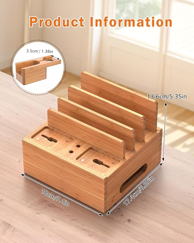 Pezin & Hulin Bamboo Charging Station for Multiple Devices, with Power Charger, Wire Cables 5 Pack, Compatible with Multi Phones & Tablet, for Earbuds & Smart Watch