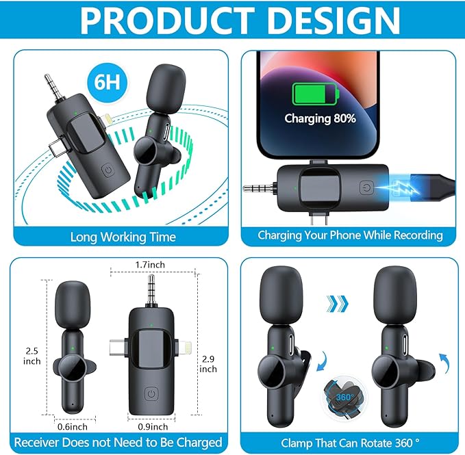 RICCHI 3 in 1 Wireless Lavalier Microphone for iPhone/Android Phone/Camera, USB C & Lightning Mini Microphone, Type C Microphone Clip on Lapel Mic for Video Recording, Interview, TikTok, Vlog