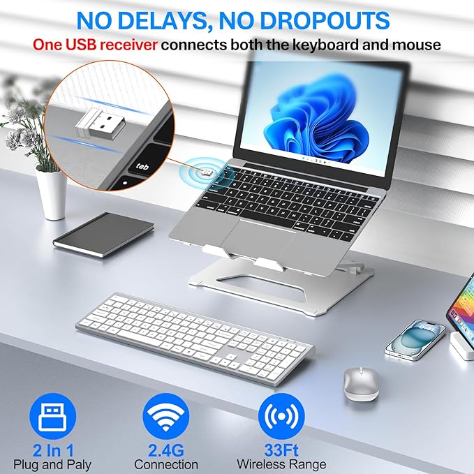 Wireless Keyboard and Mouse Combo, Full Size Keyboard and Mouse, Long Battery Life, Optical Mouse, 2.4G Lag-Free Cordless Mice Keyboard Set Ultra Slim Design for Computer, Laptop, PC, Windows (Silver)