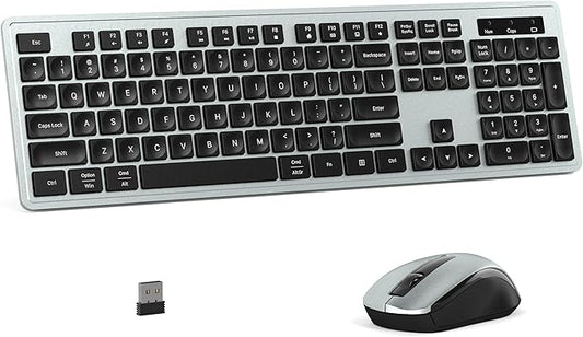 Wireless Keyboard and Mouse Combo, Full-Size 104-Key Office Keyboard with 15 Function Keys, Numeric Keypad, Single USB Receiver, Compatible with PC and Laptop(Gray)