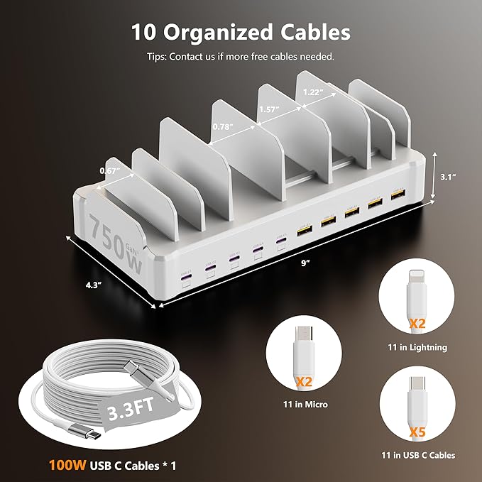 750W Charging Station for Multiple Devices, 10-Port Fast Charger, 5 USB-C 120W Each and 5 USB-A 30W Each, Desktop Charging Hub for Laptop Phone Tablet, White