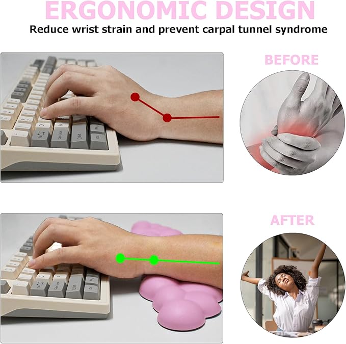 Cloud Wrist Rest Set, Ergonomic, Whimsical, Pink, PU Leather, Memory Foam