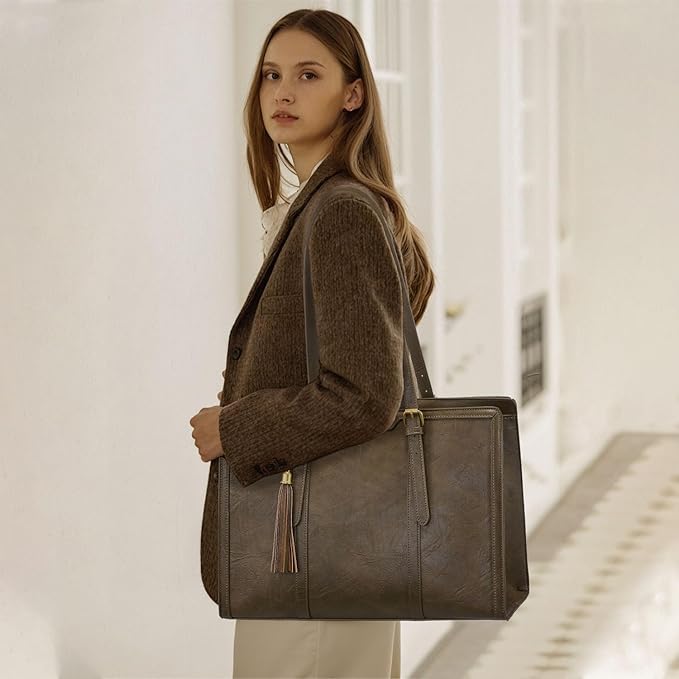 LOVEVOOK Laptop Bag for Women Vintage Leather Work Tote 15.6 inch Large Capacity Computer bag with Clutch Purse for Office, Travel, Casual