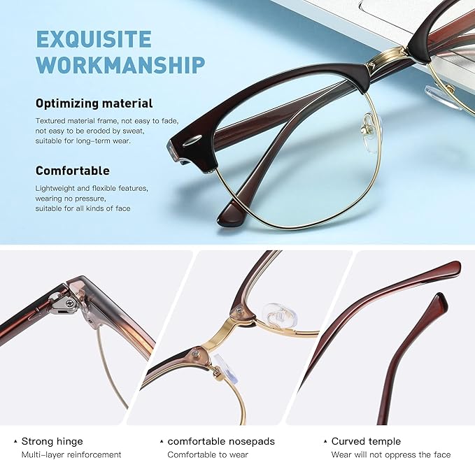 Blue Light Blocking Glasses Vintage Half Frame UV Clear Lens Anti Eyestrain Computer Gaming Glasses for Women Men(P51)
