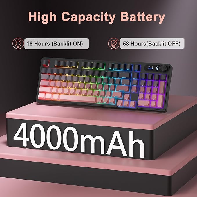 BlueFinger Wireless Gaming Keyboard, RGB Backlit, Tri-Mode Bluetooth/2.4G/USB-C, 98 Keys Quiet Keyboard with Number Pad, Volume Knob & Screen, Side Printed PBT Keycaps for PC/Mac/Laptop