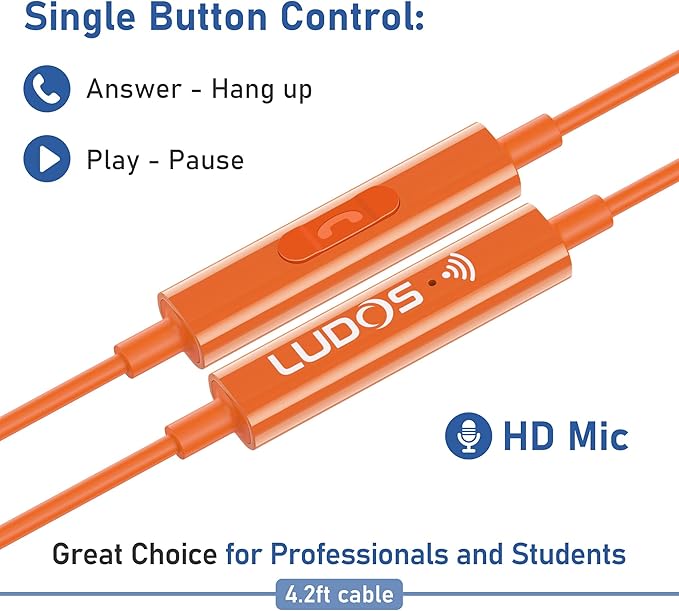 LUDOS FEROX Wired Earbuds in-Ear Headphones, 5 Year Warranty, Earphones with Microphone, Noise Isolation Corded for 3.5mm Jack Ear Buds for iPhone, Samsung, Laptop, Kids, School Students - Orange