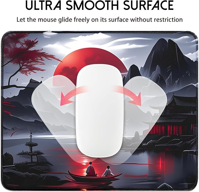 Small Gaming Mouse Pad, Anime Black Mousepad with Stitched Edges, Expanded Cool Desk Mat, Japanese Red Moon Keyboard Mat Suitable for Home Office,10.2 X 8.3 Inch
