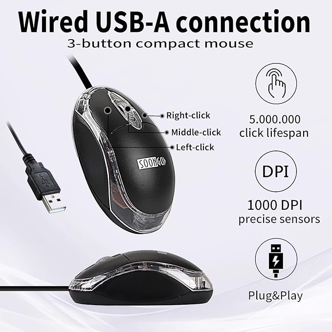 SOON GO Wired Mouse-USB Wired Mouse,Ergonomic Optical Design,1.5M USB Cable, Plug & Play for PC/Laptop/Desktop (Black)