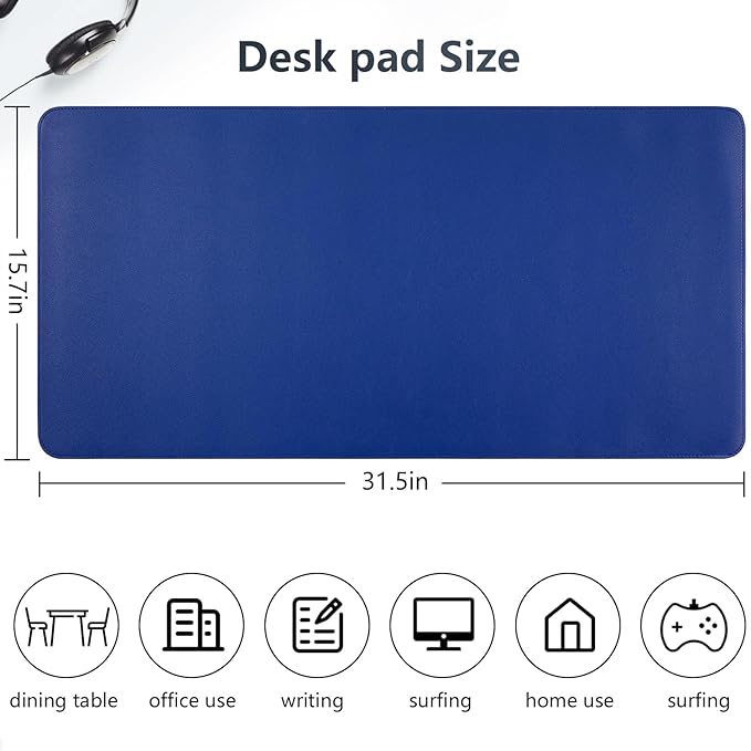 Dual-Sided Desk Pad, Large Mouse Pad - Natural Cork & PU Leather Non-Slip Waterproof Desk Mats for Office and Home (Blue, 31.5" x 15.7")