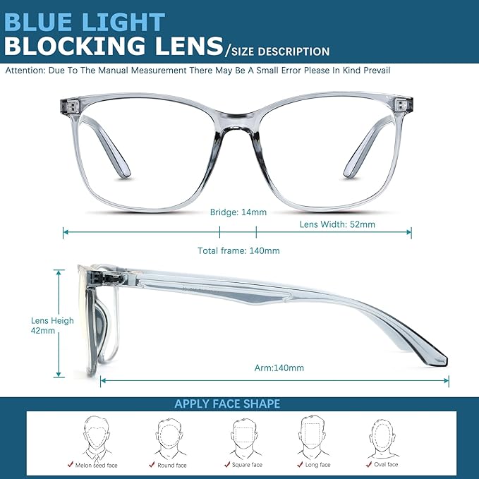 Oilway Blue-Light Blocking Glasses Computer Reading/Gaming/TV/Phones Glasses Fashion Anti Eyestrain Glasses for Women Men（A4 Gray + Transparent）