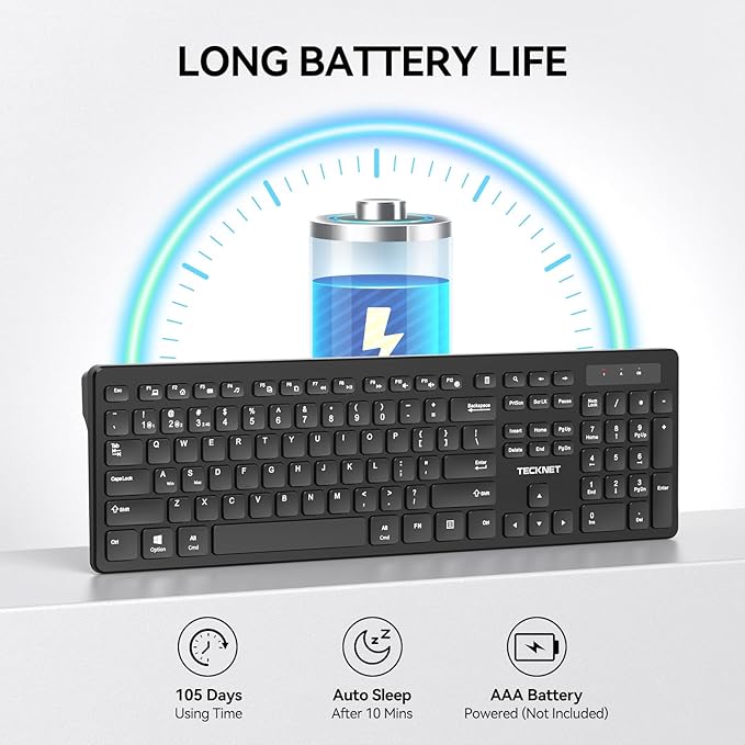 TECKNET Wireless Keyboards 2.4G+Bluetooth for 3 Devices - Computer Keyboards for Win/Mac, Full Size PC Keyboard with Number Pad, Multi Device for Desktop, Laptop, MacBook, Long Battery Life, Black