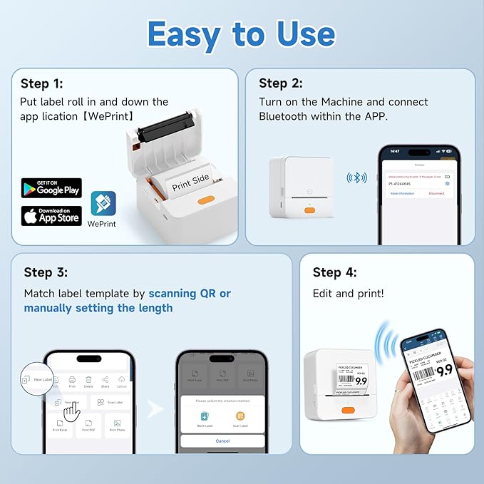 Label Maker Machine P1 2 Inch Thermal Printer Portable Bluetooth Shipping Label Printer Sticker Maker Labeling Machine Home Office School Business Use Rechargeable White