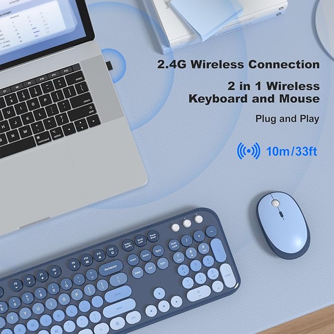 Wireless Keyboard and Mouse Combo, Typewriter Full Size Keyboard with Number Pad, Ergonomic Design for Windows PC Computer Laptop Desktop, Home and Office Use -Blue