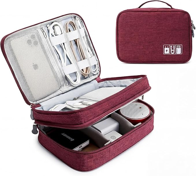 mygreen Travel Cable Organizer Bag, Two-Layer Electronics Accessories Organizer Bag for Cables, Chargers, Power Bank, Mouse,iPad, Phone, Kindle, SD Card, Wires, Cords, and Accessories Red
