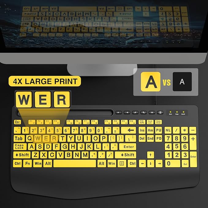 SABLUTE Large Print Computer Keyboards, Wired USB High Contrast with Wrist Rest, Phone Holder Oversized Print Letters Easy to Read for Visually Impaired Vision Individuals (Yellow+Black)