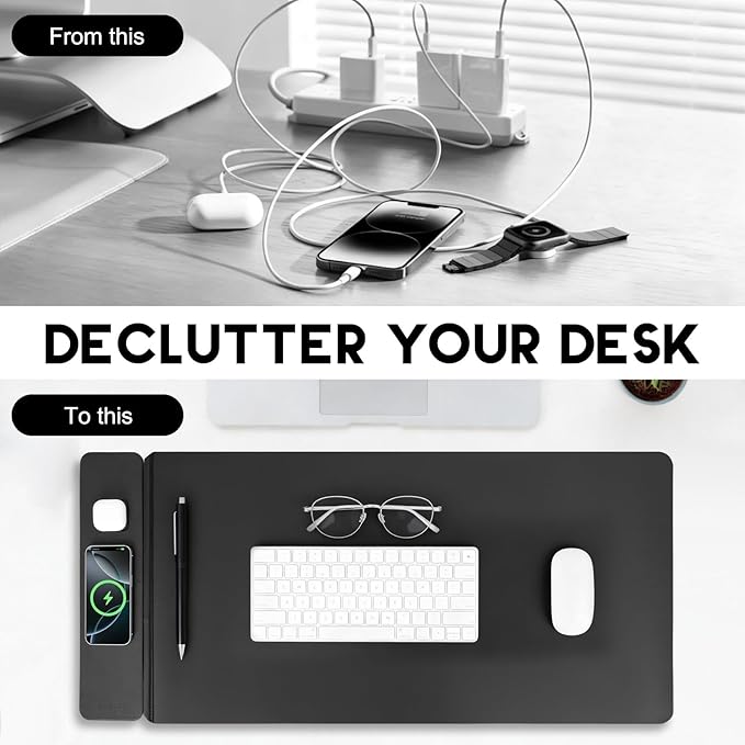 Wireless Charging Mouse Pad with 2nd Gen Tech, 3-in-1 25W Fast Charger, Replaceable Felt & Leather Desk Mat, for Office & Gaming, Large Waterproof Desk Pad for Office & Gaming(Felt)