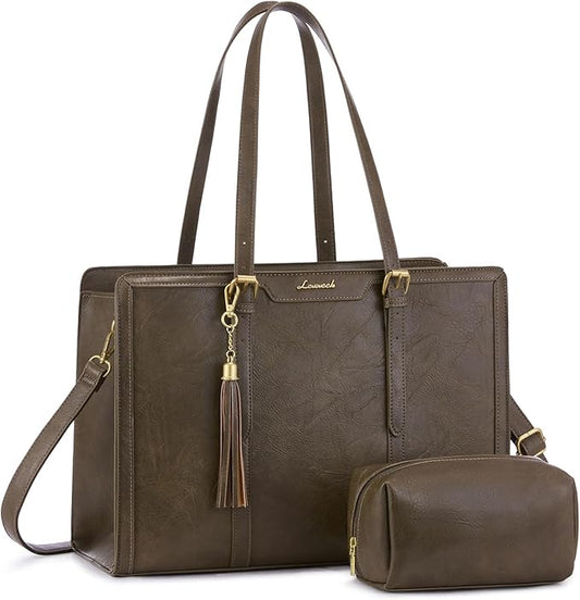 LOVEVOOK Laptop Bag for Women Vintage Leather Work Tote 15.6 inch Large Capacity Computer bag with Clutch Purse for Office, Travel, Casual
