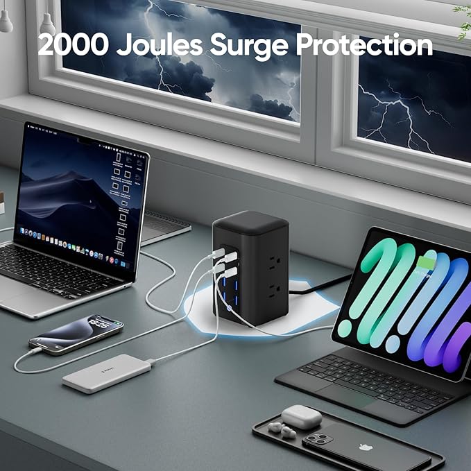 Power Strip Tower (230W), 14-in-1 USB-C Charging Station Tower with 2000J Surge Protection, 5FT Extension Cord with 6 AC Outlets & 8 USB Ports for Home Office Dorm Essentials