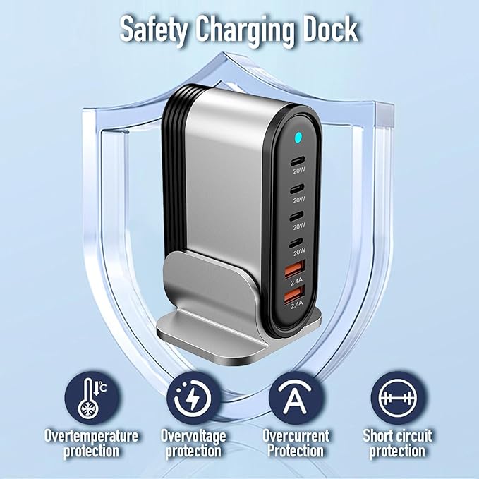 6-in-1 USB Charging Seat, Multi-Port Hub, Fast Charging Wall Charging Station, Power Adapter Socket for Phone 16 15 14 13 12 11 XS XR X SE 8 7 and More (Black)