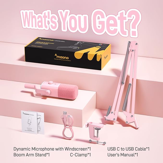 MAONO XLR/USB Gaming Microphone for PC, Dynamic Computer Mic for Streaming Podcasting, Noise Reduction, Mute, Volume Control, RGB Boom Mic for Vocal Recording,Voice-Over, PD100XS Pink