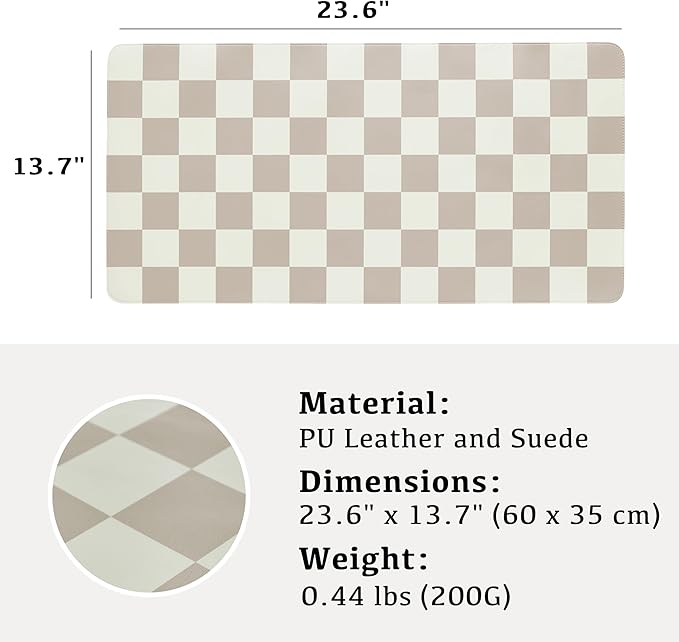 Checkered Desk Mat, Large Cute Aesthetic Retro PU Leather Computer Laptop Desk Mat, Non-Slip Waterproof Mouse Keyboard Pad, Desk Writing Mat for Work/Home (Khaki, 23.6" x 13.7")