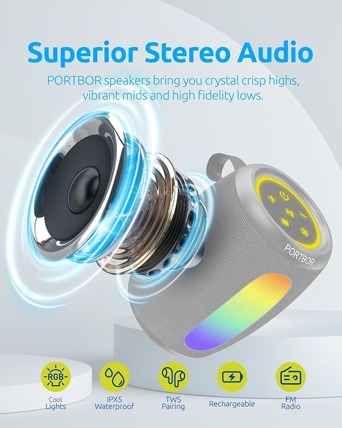 Bluetooth Speaker - Portable Wireless Speaker with Powerful Stereo Sound, IPX5 Waterproof, Dustproof, 3000mAh Battery Up to All Day Playtime, BT 5.3 with AUX, TWS Pair, for Outdoor/Home/Party/Beach