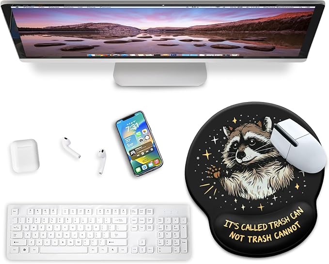 Mouse Pad with Wrist Rest, Funny Trash Raccoon Ergonomic Mousepad Wrist Support for Desk, Cute Animial Gaming Mousepads for Wireless Mouse Computer Work Home Desk Accessories Office Supplies Black