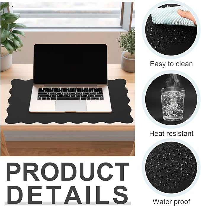 Scalloped Desk Mat Leather Desk Pad Protector Non-Slip PU Leather Table Protector Waterproof Mouse Pad Keyboard Mat Curly Mousepad PC Accessories Gift for Office Home (Black)