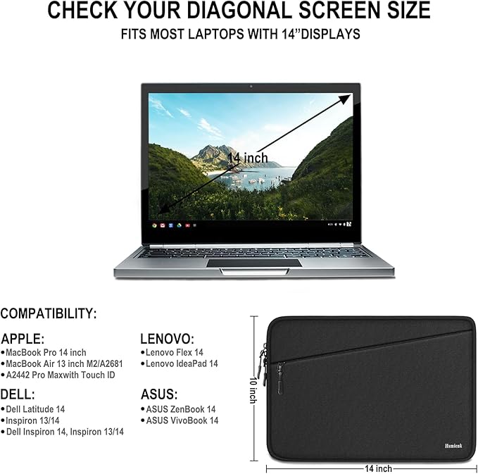 Laptop Case 14 inch, Traveling Water Resistant Laptop Sleeve with Pocket, Shockproof Protective Carrying Notebook Cover Bag Compatible for 14 Inch MacBook Air/Pro, HP, Lenovo, Dell, ASUS, Acer, Black