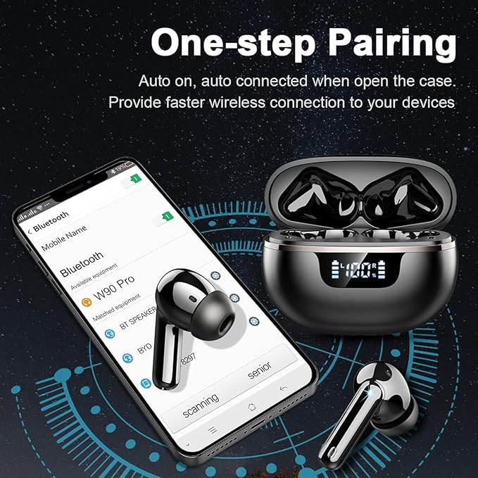 Wireless Earbuds Bluetooth Headphones Noise Cancelling, Bluetooth 5.4 Ear bud with Dynamic Drivers Stereo, 40H Playtime Sports Earphones Wireless Waterproof with LED Power Display for Laptop Pad Phone