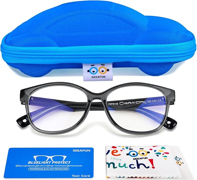 Blue Light Glasses for Kids Girls Boys with Cute Car Case, UV400 Protection, Anti Blue Ray Age3-12