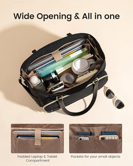 LOVEVOOK Teacher Tote Bag, Laptop Bag for Women with Large Cup Holder & Accordion File Area, Work Tote Bag for Business