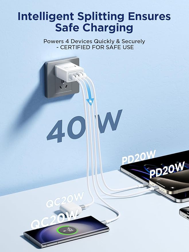 Aioneus USB C Charger Block, 40W Fast Charging Block Type C Charging Block 4-Port Dual Port PD+QC Wall Charger Head Cube for iPhone 17 16 15 14 13 12 11 Pro Max XS, iPad, Samsung Phone, Tablet
