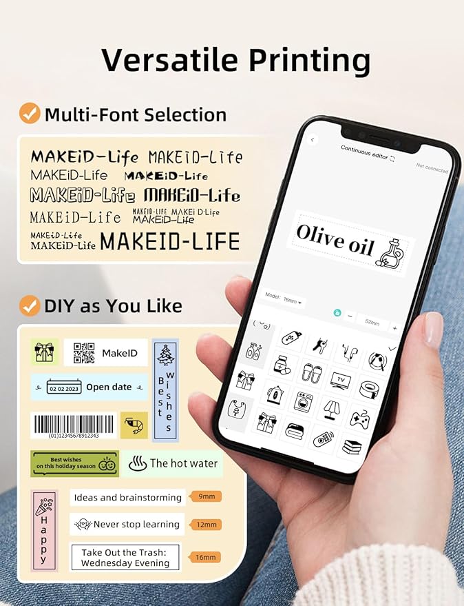 Makeid Label Maker Machine with Tape - Compatible with 9/12/16mm Waterproof Tape, Portable & Rechargeable with Built-in Cutter Wireless Label Printer Compatible with Android & iOS Devices