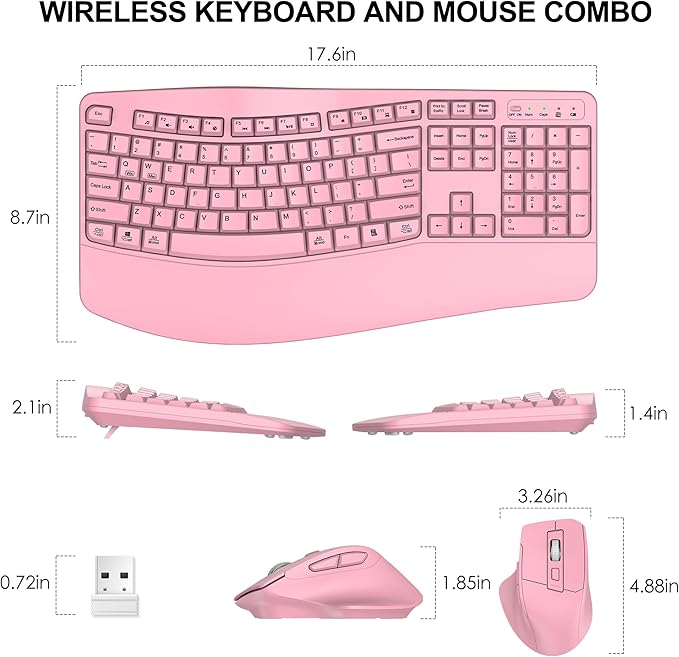 Wireless Keyboard and Mouse Combo, 2.4G Full Size Wave Keys Ergonomic Keyboard with Wrist Rest and 3-Level DPI Adjustable Wireless Ergonomic Mouse for Windows, Mac OS Desktop/Laptop/PC(Pink)